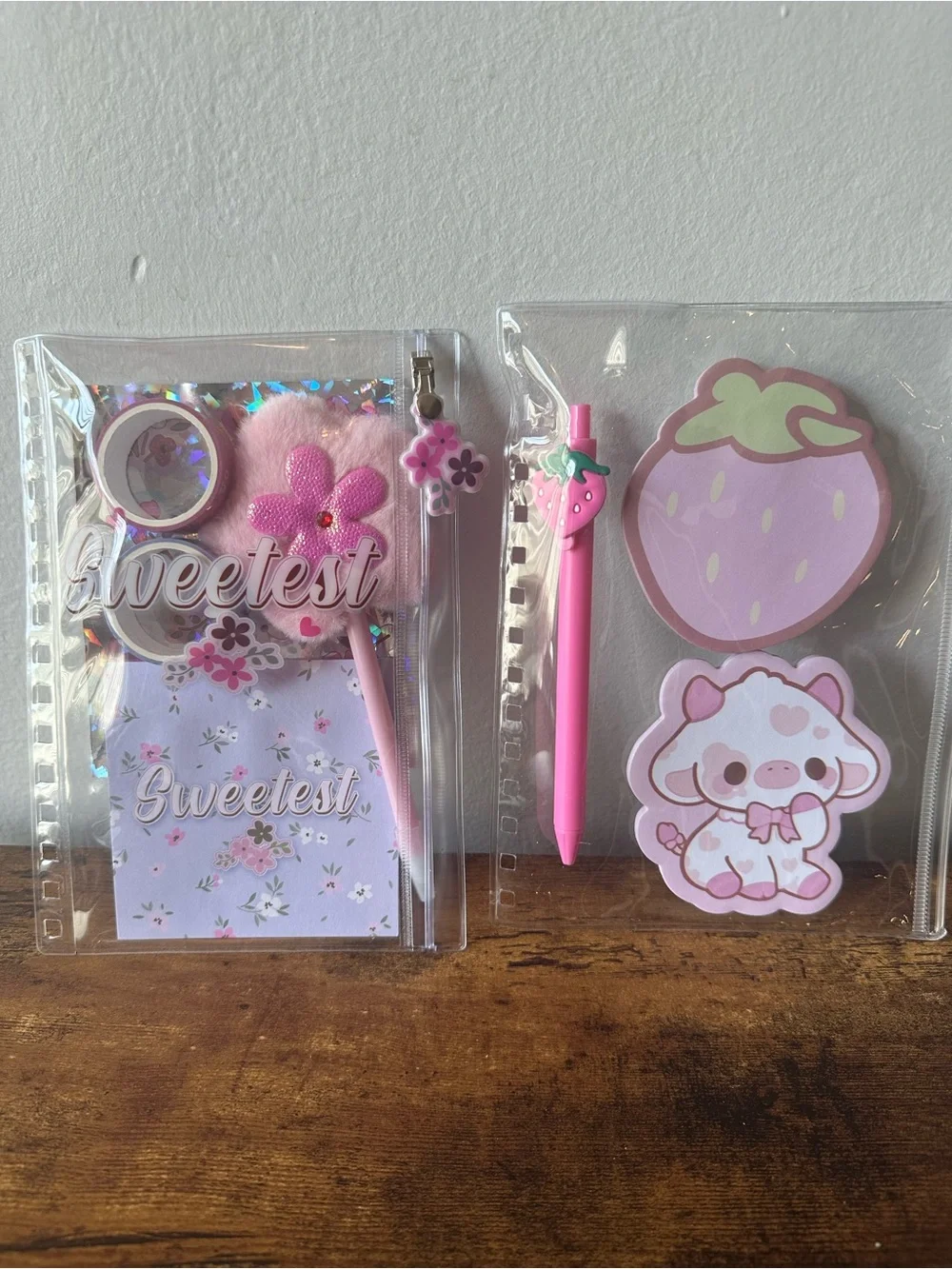 Two Clear Pencil Pouches Stationery Kit with Notepads, Fun Pens, Stickers NWOT